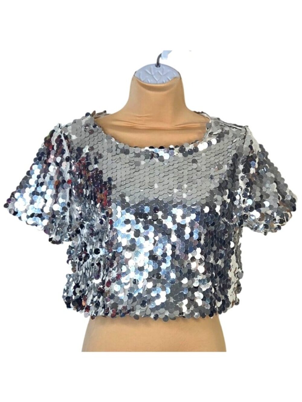 Charlotte Russe Silver Sequin Crop Top Short Sleeve Medium